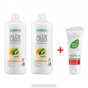 Комплект Aloe Vera Гел за пиене с Mед при стомашни проблеми, две бутилки + Крем Концентрат Алое Вера при Кожни проблеми