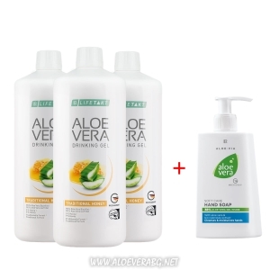 Aloe Vera Гел за Пиене с Мед, Месечен комплект + Aloe Vera Нежно почистващ Крем-сапун за ръце