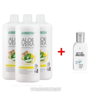 Гел за пиене за Имунната система Aloe Vera Immune Plus, Троен комплект + Хигиенен Гел за Почистване на Ръцете Microsilver Plus