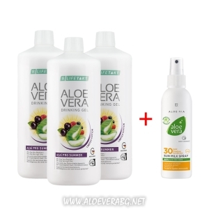 Гел за пиене Aloe Vera ACAI PRO SUMMER за Защита от Слънцето и от Дехидратация, Троен Комплект + Слънцезащитno спрей-мляко SPF 30