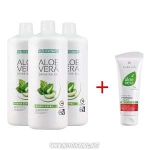 Комплект Aloe Vera Гел за пиене с коприва за Прочистване на кръвоносната система, Три бутилки + Крем Алое Вера с Прополис