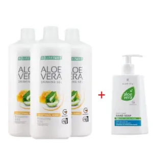 Aloe Vera Гел за Пиене с Мед, Троен комплект + Aloe Vera Нежно почистващ Крем-сапун за ръце