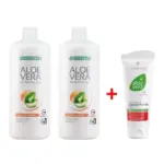 Комплект Aloe Vera Гел за Пиене с Праскова за диабетици, две бутилки + Крем Концентрат Алое Вера при Кожни проблеми
