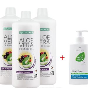 Гел за пиене Aloe Vera ACAI PRO SUMMER за Защита от Слънцето и от Дехидратация, Троен Комплект + Нежно Почистващ Крем-Сапун за Ръце Aloe Vera