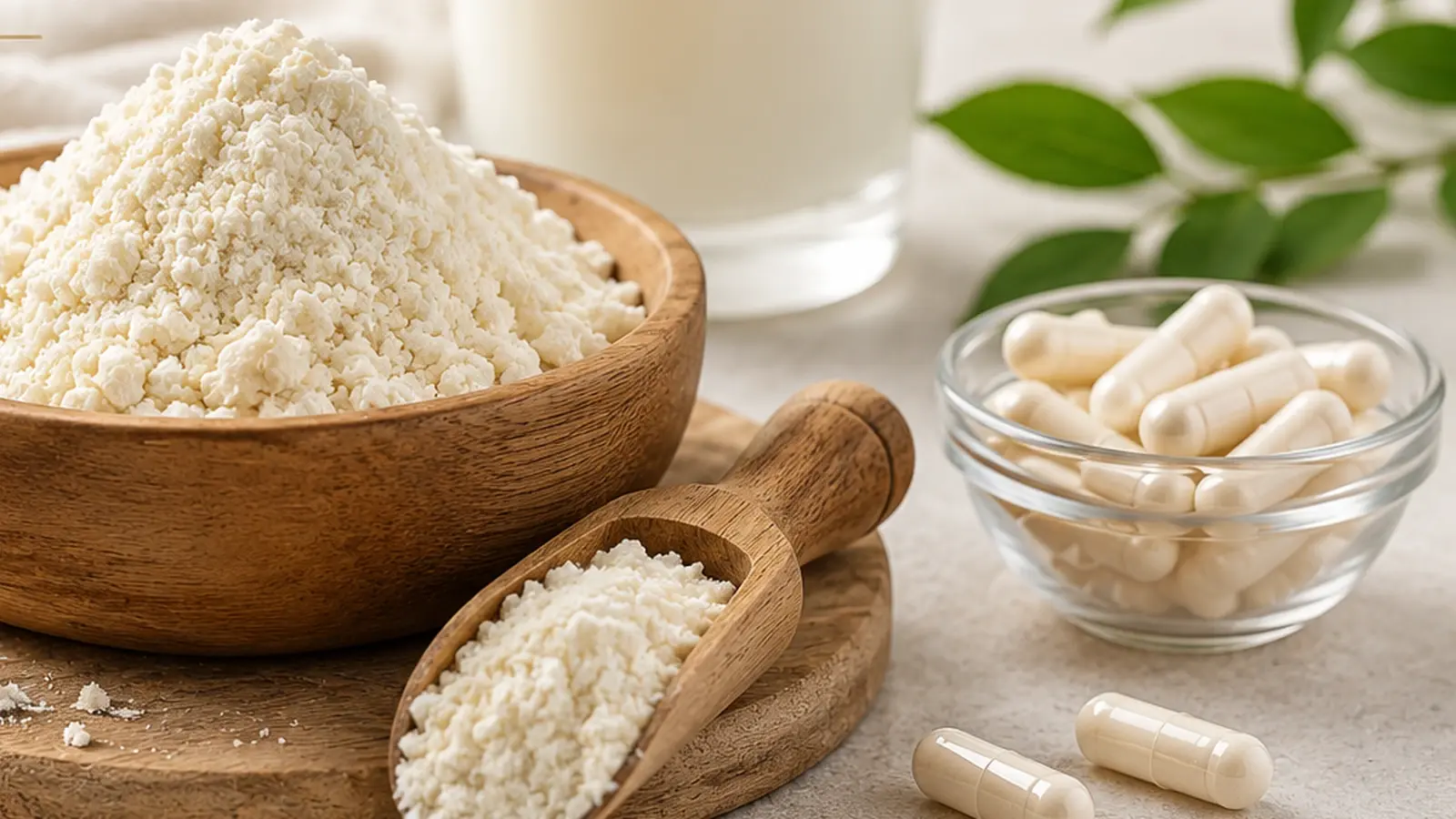 Чаша с млечна напитка, прахообразна коластра и капсули в светла wellness композиция
