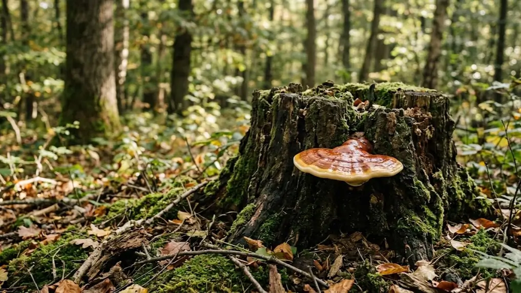 Гъба рейши (Ganoderma lucidum) върху дъбов пън в гората